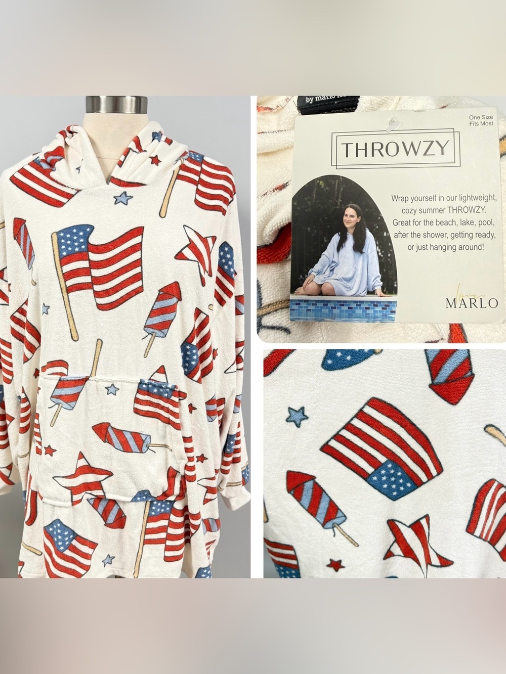 NWOT Throwzy Marlo Lorenz Lightweight Summer Terry Cover Up July Flag Print O/S